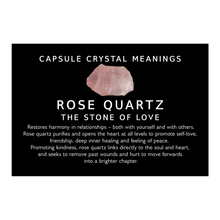 Load image into Gallery viewer, rose quartz crystal meaning card included with the Love Capsule Energy Bag