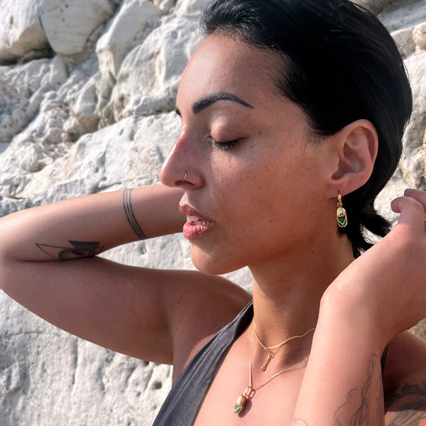 Mini Capsule Crystal Hoop Earring - Green Onyx, 24kt Gold Vermeil