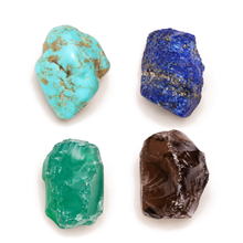 Load image into Gallery viewer, Four hand-cut Balance crystals: turquoise, lapis lazuli, green onyx and smoky quartz

