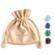Load image into Gallery viewer, Balance Capsule Energy Bag with original cream pouch and turquoise, lapis lazuli, green onyx and smoky quartz
