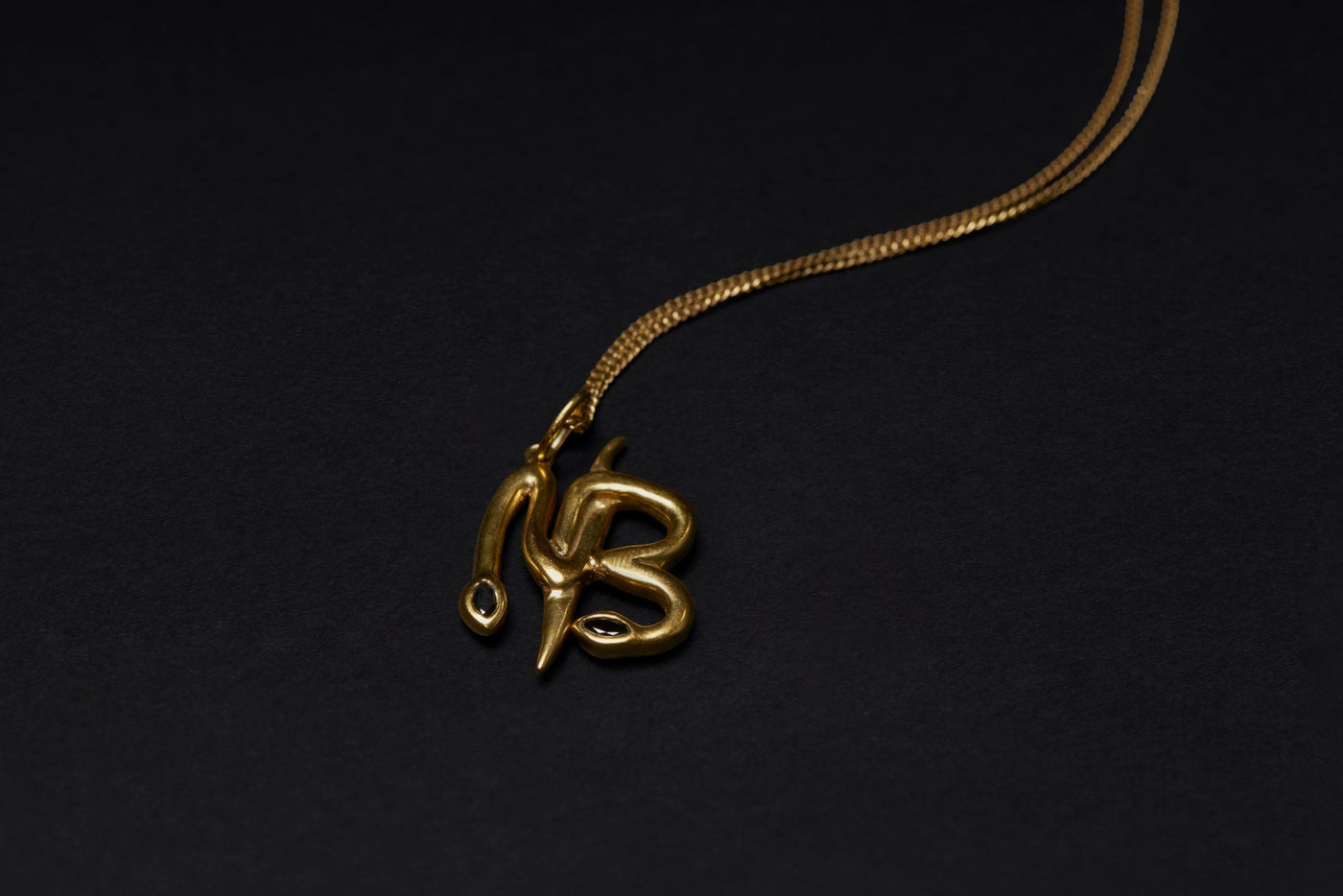 Bespoke gold serpent initials pendant on black