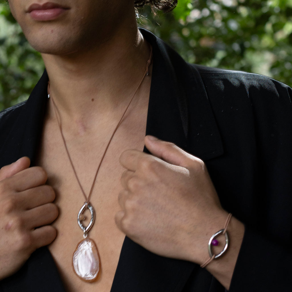 Pantone Collaboration Cord and Agate Eye Necklace  - Silver - Mocha Mousse