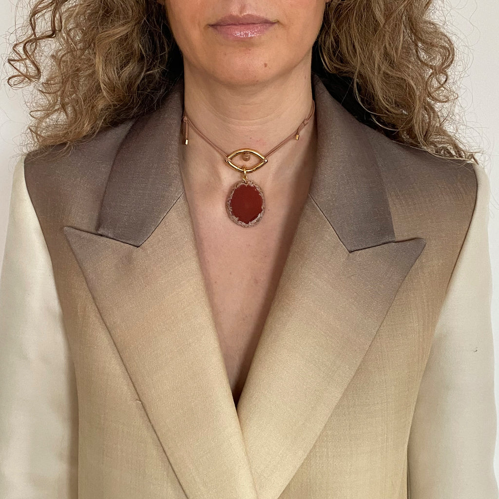 Pantone Collaboration Cord and Agate Eye Necklace  - Gold - Mocha Mousse