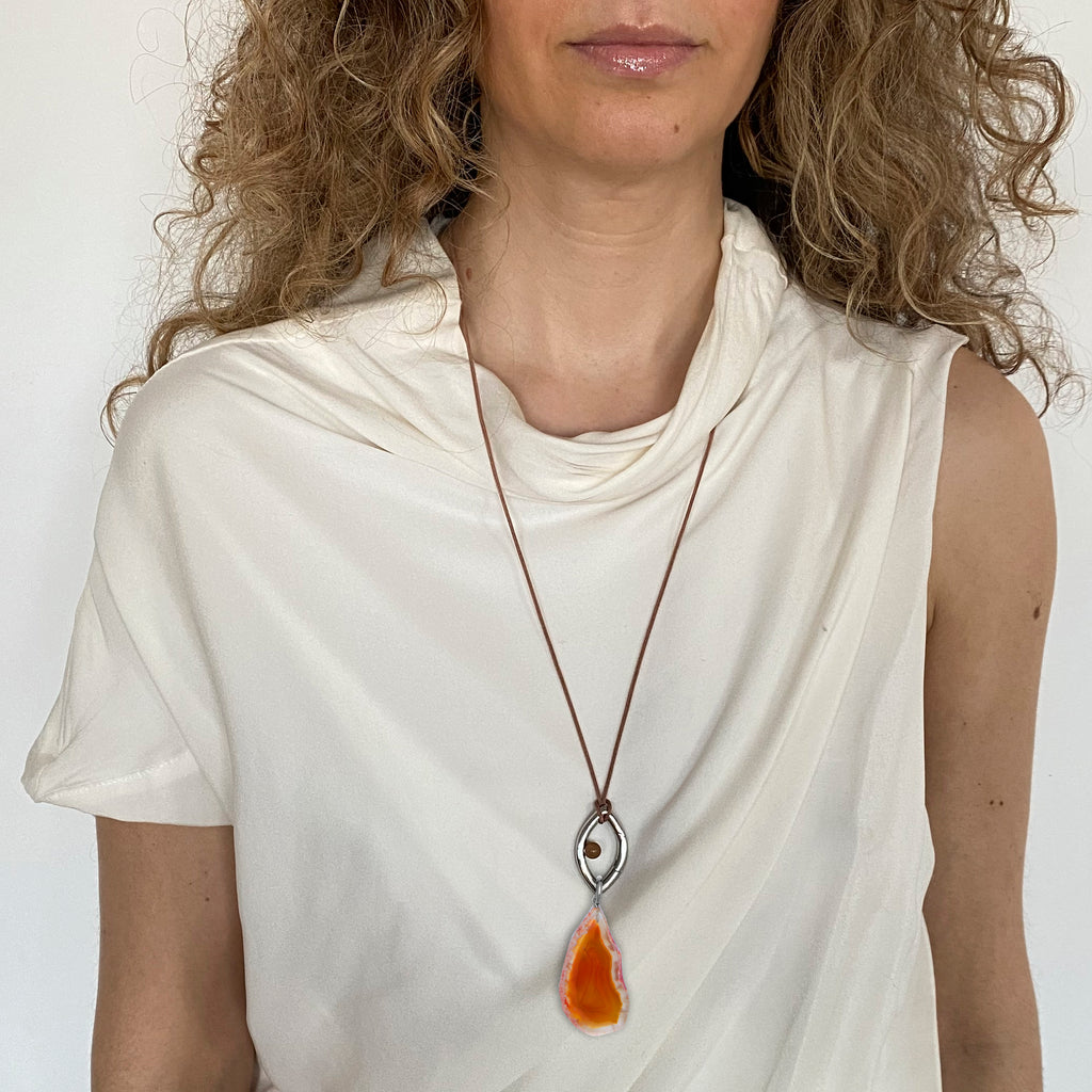 Pantone Collaboration Cord and Agate Eye Necklace  - Silver - Mocha Mousse