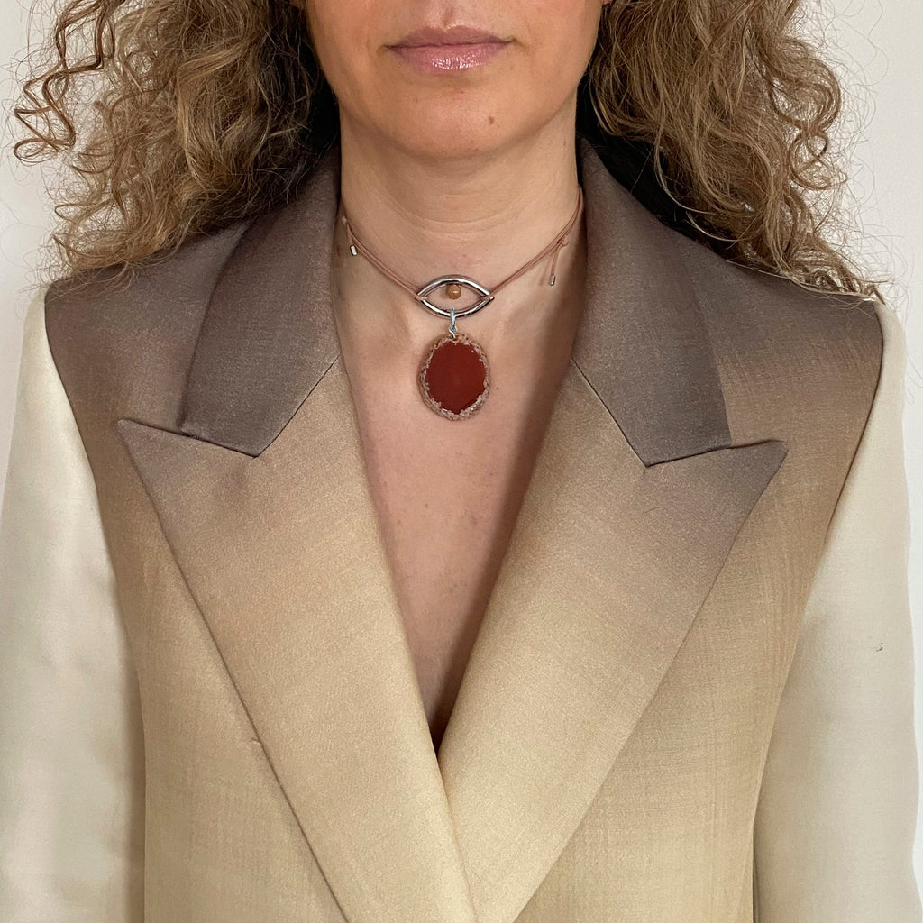 Pantone Collaboration Cord and Agate Eye Necklace  - Silver - Mocha Mousse