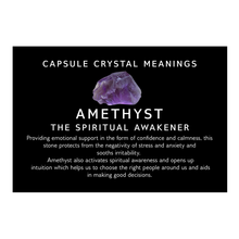 Load image into Gallery viewer, amethyst crystal meaning card included with the Love Capsule Energy Bag
