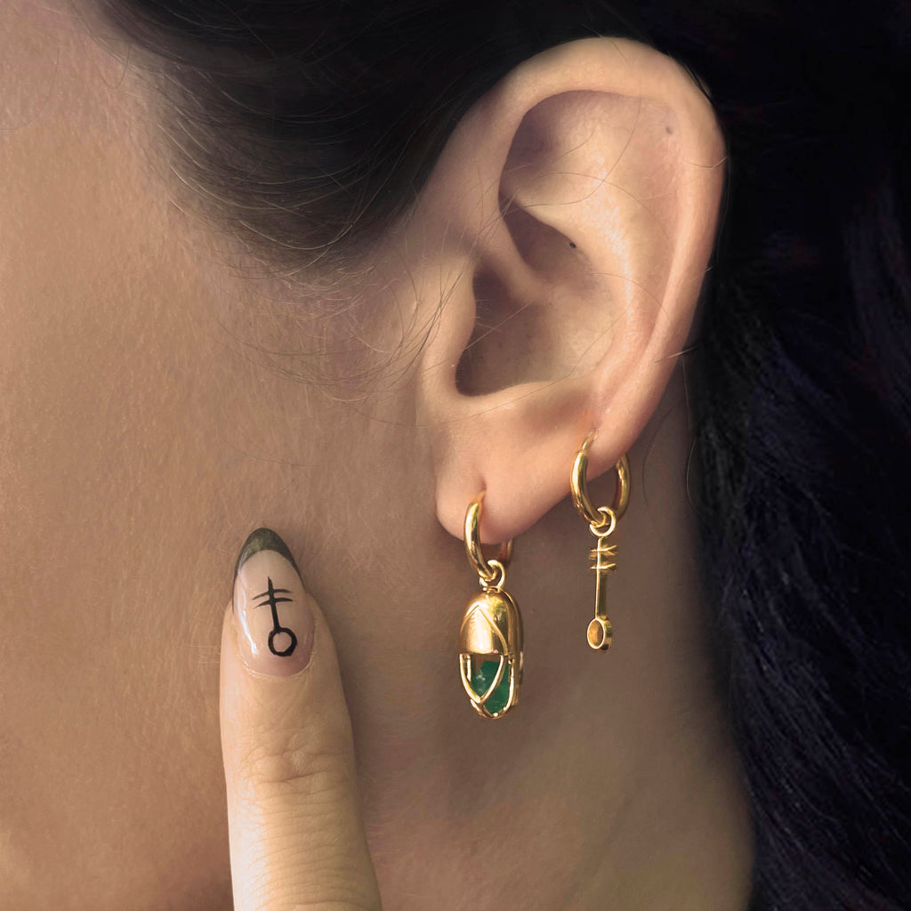 Mini Capsule Crystal Hoop Earring - Green Onyx, 24kt Gold Vermeil